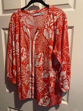 Susan Graver Orange Printed Liquid Knit Top with Blouson Sleeves Size XL